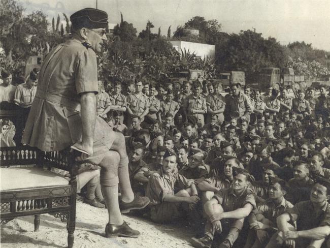 Sir Arthur Coningham, the disgraced cricketer’s son, addressing troops in North Africa in 1943.