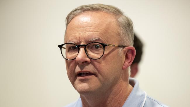 Prime Minister Anthony Albanese held a press conference in Alice Springs after meeting with local leaders and Chief Minister Natasha Fyles. Picture: Liam Mendes / The Australian