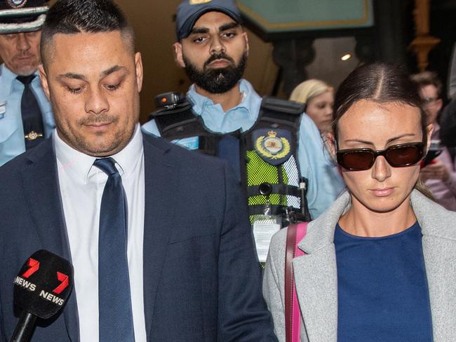 SYDNEY, AUSTRALIA - NCA Newswire Photos - APRIL 06, 2023: Jarryd Hayne (C) leaves the Downing Centre holding his wife's hand Amellia Bonnici in Sydney this afternoon. Picture: NCA Newswire / Christian Gilles