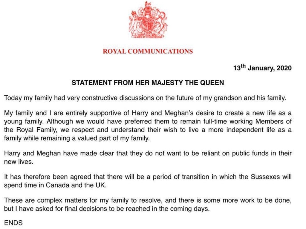 The Queen’s statement about the ‘Megxit’ summit that was held today. Picture: Buckingham Palace