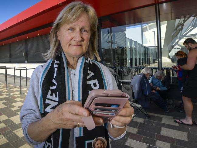 SEPTEMBER 16, 2024Port power fan, Kerry Coleman lined up at Adelaide Entertainment centre only to discover it opens at 11am, her friend managed to get her a ticket online, she is happy now. Picture: Roy VanDerVegt