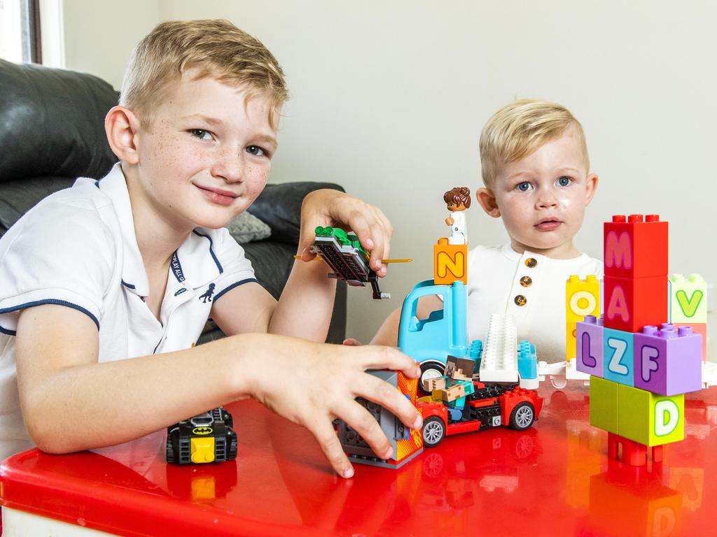 Rian Pearson, 6, with brother Lincoln, 2. Picture: Richard Walker