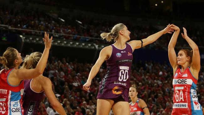 The NSW Swifts and Queensland Firebirds during the regular season.