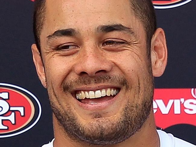 ENGLEWOOD, CO - AUGUST 27: Jarryd Hayne #38 of the San Francisco 49ers talks to the media following a joint training session with the San Francisco 49ers and the Denver Broncos at the Denver Broncos Training Facility on August 27, 2015 in Englewood, Colorado. Doug Pensinger/Getty Images/AFP == FOR NEWSPAPERS, INTERNET, TELCOS & TELEVISION USE ONLY ==