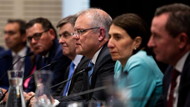 Andrews in a national cabinet meeting with prime minister Scott Morrison, NSW Premier Gladys Berejiklian and Chief Medical Officer Brendan Murphy. Picture: AAP