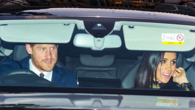 Harry and Meghan attend the Queen’s pre-Christmas lunch at Buckingham Palace. Picture: John Rainford/WENN