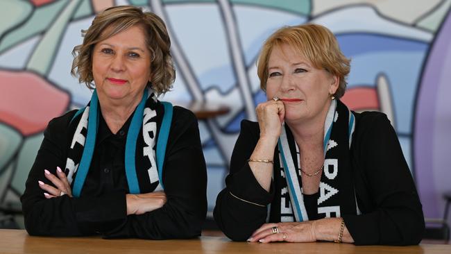 Power fans Regina Phillips and Sue Ellershaw were on the cancelled Qantas flight and ended up being redirected via Canberra. Photo: Naomi Jellicoe