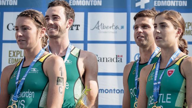 Natalie Van Coevorden, Jake Birtwhistle, Aaron Royle and Ashleigh Gentle after a team relay event. She hopes to race this in Tokyo.