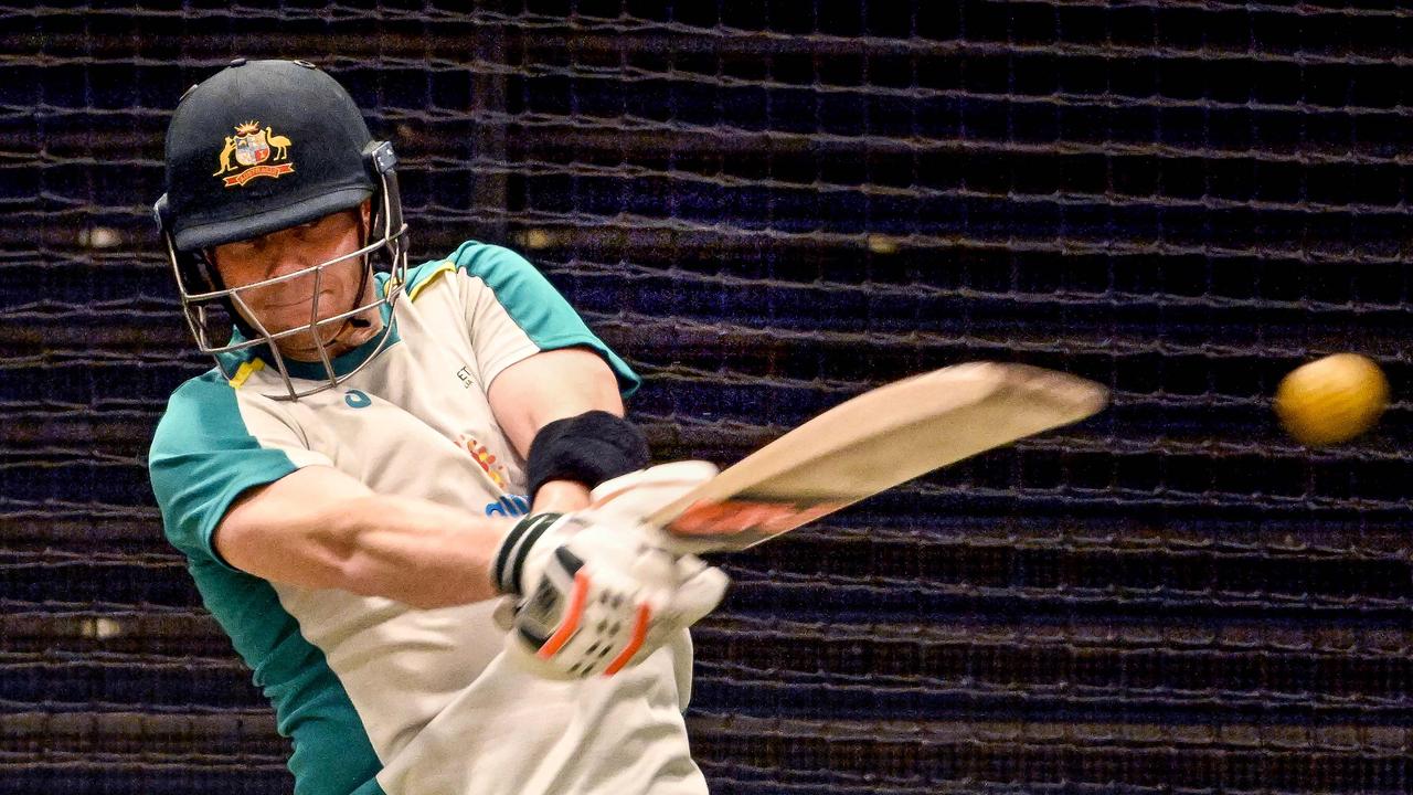 Australia's Steve Smith bats in the nets during a training session in Melbourne on October 27, 2022, ahead of their ICC men's Twenty20 World Cup 2022 cricket match against England. (Photo by William WEST / AFP) /