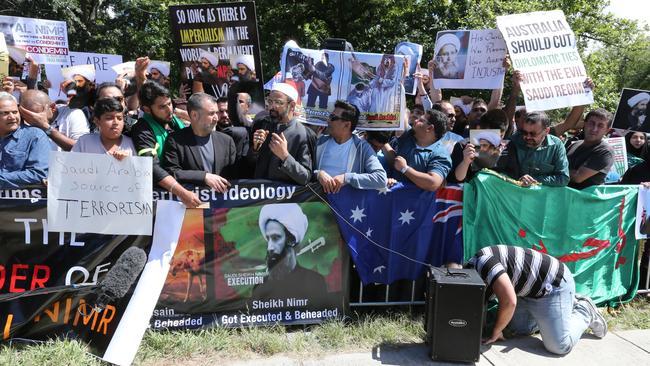 Protesters demonstrate outside the Saudi Arabian Embassy in Canberra over the execution of Shia sheikh Nimr Baqir al-Nimr. Picture: Ray Strange