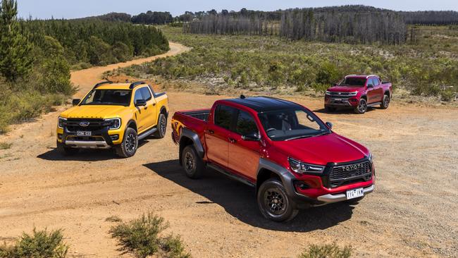 The Toyota HiLux GR, Ford Ranger Wildtrak X and Volkswagen Amarok PanAmericana are three of the most capable utes on sale. Photo: Mark Bean