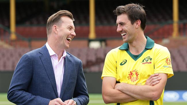 Australian fast bowler Pat Cummins with commentator Brett Lee at the Fox Cricket launch at the SCG on Tuesday.  Picture: Brett Costello