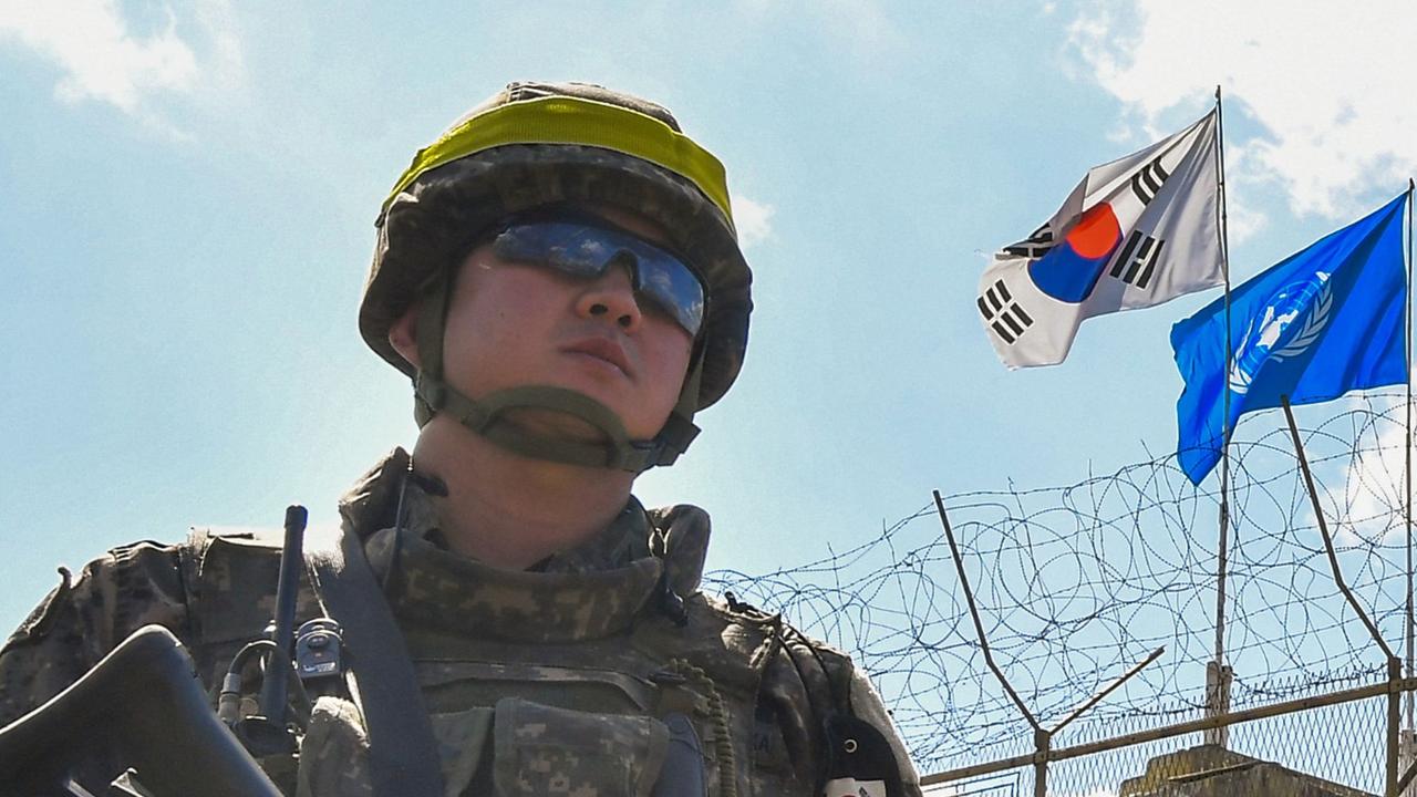 Penny Wong held a press conference at the Demilitarized Zone (DMZ) dividing the two Koreas. (Photo by Song Kyong-Seok / POOL / AFP)