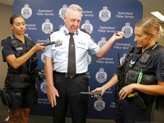 Assistant commissioner Brian Wilkins with constable Brianna Biles, left, and senior constable Jacqui Hunt, right,  during a press conference about a wanding trial to be established in Safe Night Precincts. Picture: Tertius Pickard