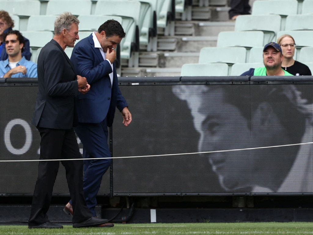 Former AFL players Garry Lyon (R) and Sam Newman attend the state memorial service for former Australian cricketer Shane Warne. Source: Getty Images