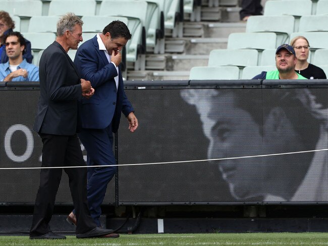 Former AFL players Garry Lyon (R) and Sam Newman attend the state memorial service for former Australian cricketer Shane Warne. Source: Getty Images