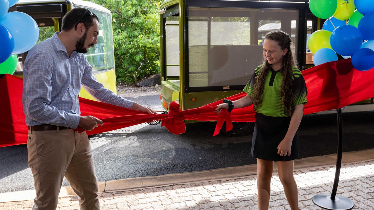 Country Liberal Party Andrew Mackay MLA and Tully Moore at the unveiling of two new electric trains at the Territory Wildlife Park, February 7, 2025. Picture: Pema Tamang Pakhrin