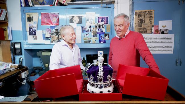 First brush with faking it … Jeffrey Archer with master craftsman Alan Gard and their replica crown, created for his 2023 novel Traitors Gate.