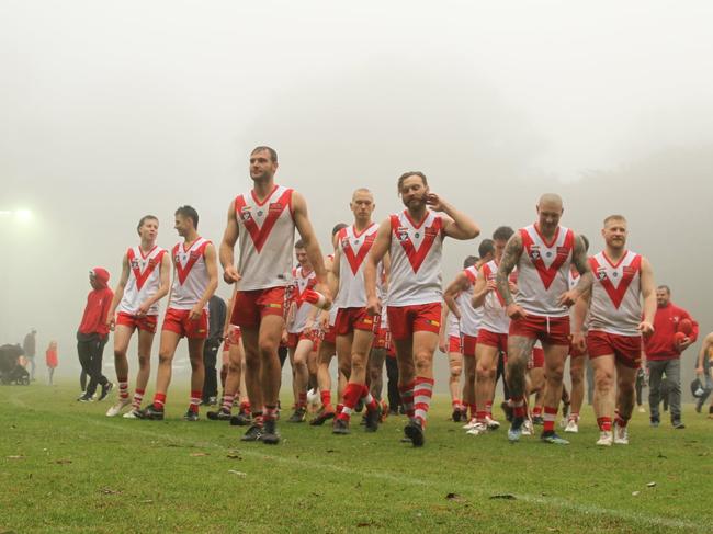 Olinda Ferny Creek players leave the ground on Saturday.Picture: Olinda Ferny Creek FNC