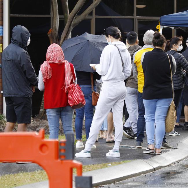 Day 2 in lockdown. Members of the public line up to get tested for Covid at the Albert Waterways Community centre. Picture: Tertius Pickard