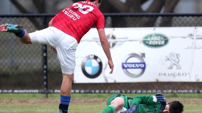 Under-14s soccer - North Geelong (Red) v Berwick City.  Picture: Mike Dugdale