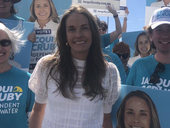 Community independent Jacqui Scruby at the Bayview Yacht Racing Association clubhouse on Thursday, September 5, 2024, for the launch of her campaign to win the Pittwater by-election on October 19.