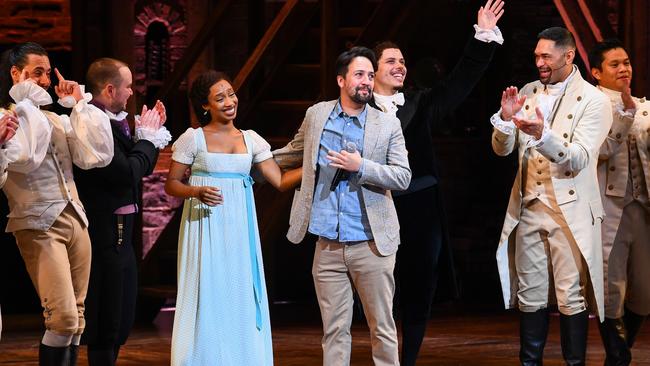 The show’s creator and original star Lin-Manuel Miranda with the Hamilton cast at QPAC, Brisbane.