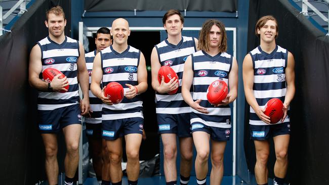 Stewart Crameri, Tim Kelly, Gary Ablett, Charlie Constable, Gryan Miers and Lachie Fogarty all received their new Cats jumper numbers this week. Picture: Getty Images