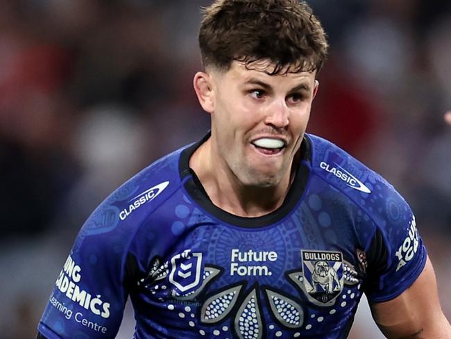 SYDNEY, AUSTRALIA - MAY 23:  Toby Sexton of the Bulldogs kicks the ball during the round 12 NRL match between Canterbury Bulldogs and St George Illawarra Dragons at Accor Stadium on May 23, 2024, in Sydney, Australia. (Photo by Cameron Spencer/Getty Images)