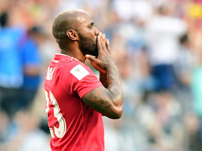 Panama's defender Felipe Baloy blows a kiss after scoring a goal. Pic: AFP