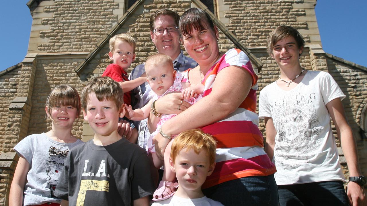 Graham and Sandi Lentell with their children L-R Katelynn, Harrison, Mitchell, Temperance, Chandler and Alex after a service at St Pauls Anglican Cathedral on Easter Sunday. Photo Chris Ison/The Morning Bulletin.