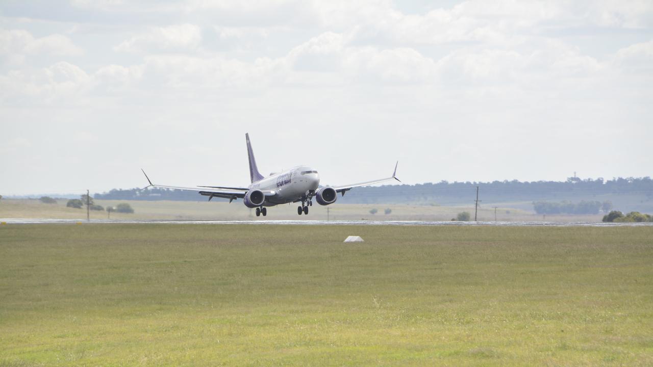 The first Bonza flight from Melbourne lands at Toowoomba Wellcamp Airport on April 17, 2023. Picture: Contributed