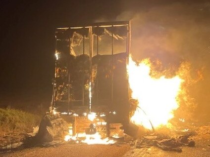 The Eyre Hwy was closed after a truck caught fire on Monday morning. Picture: SA Police