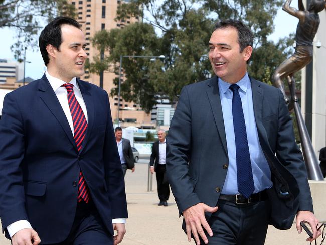 First-term Liberal MP and Member for Hartley Vincent Tarzia with party leader Steven Marshall. Picture: Kelly Barnes