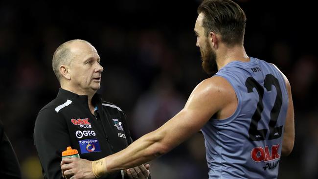 Coach Ken Hinkley of the Power speaks with Charlie Dixon during the Round 20 match against Essendon. Picture: AAP Image/Mark Dadswell