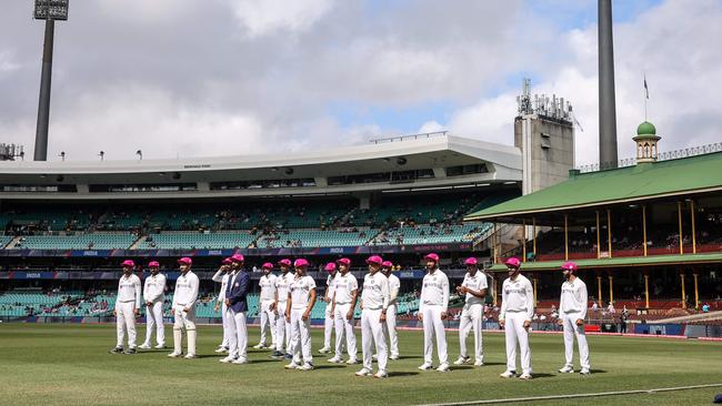 The Indian cricket team poses for a team photograph promoting the McGrath Foundation.