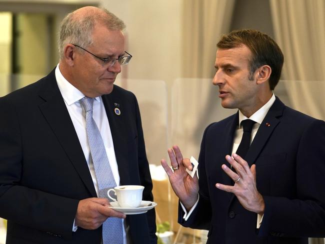 Former PM Scott Morrison and French President Emmanuel Macron at the G20 Summit in 2021. Picture: Adam Taylor