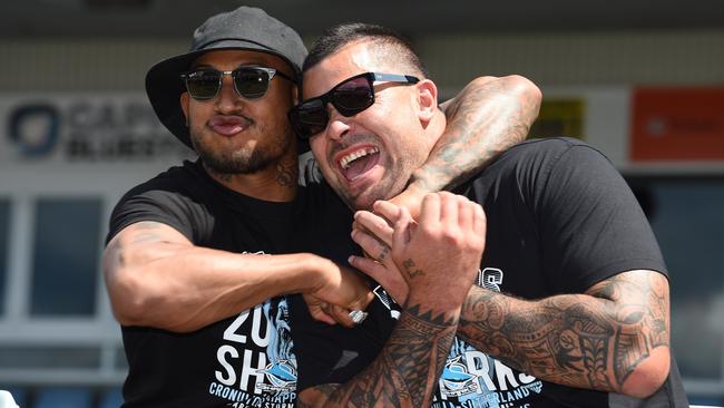 Cronulla Sharks Ben Barba and Andrew Fifita celebrate at a fan day after they defeated the Melbourne Storm in the 2016 NRL Grand Final. Pic: AAP