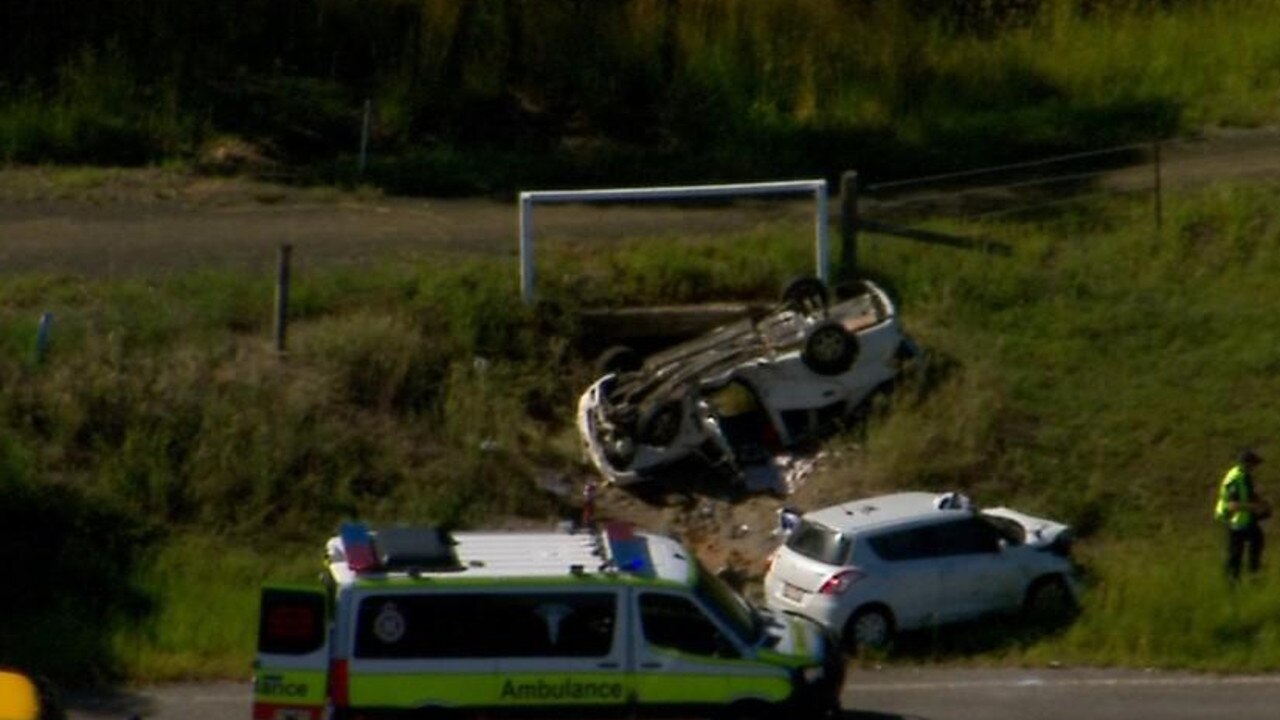 A man has died and a woman is critical after a crash at Fernvale on February 11, 2023. Picture: 7 News Brisbane.