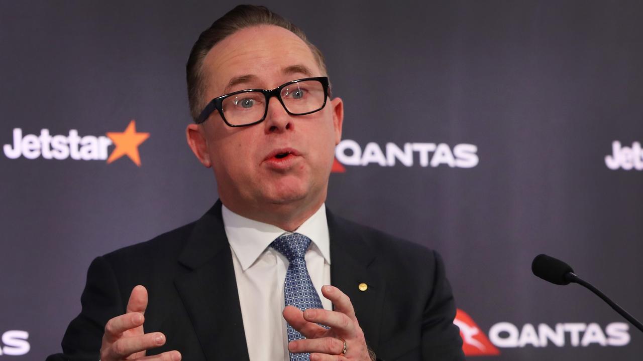 Qantas chief executive officer Alan Joyce at the airline’s results announcement on Thursday. Picture: Lisa Maree Williams/Getty Images