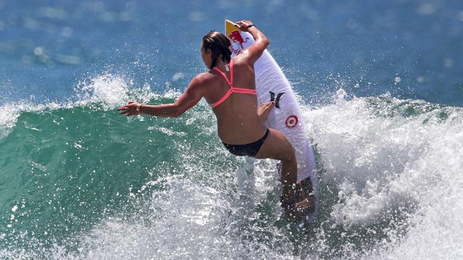 Carissa Moore. Women's fashion while surfing at Snapper. Snapper Rocks surfing. Pics Tim Marsden