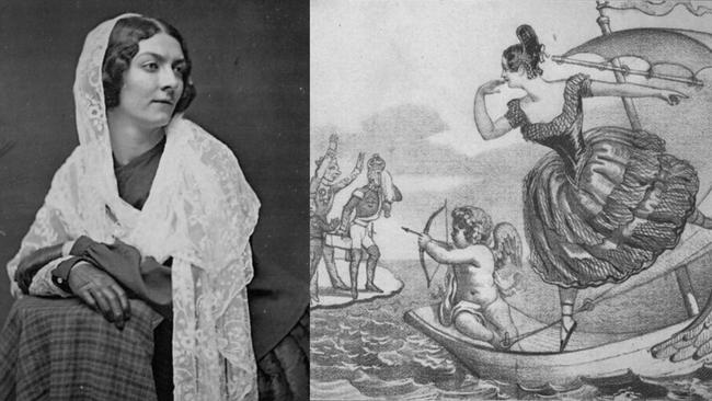 Lola Montez in her final years and, right, a cartoon of her leaving the elite of Europe to embark on a global tour. Picture: State Library of Victoria