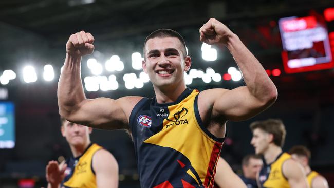 Josh Rachele celebrates the Crows win over Essendon. Picture: Mark Stewart