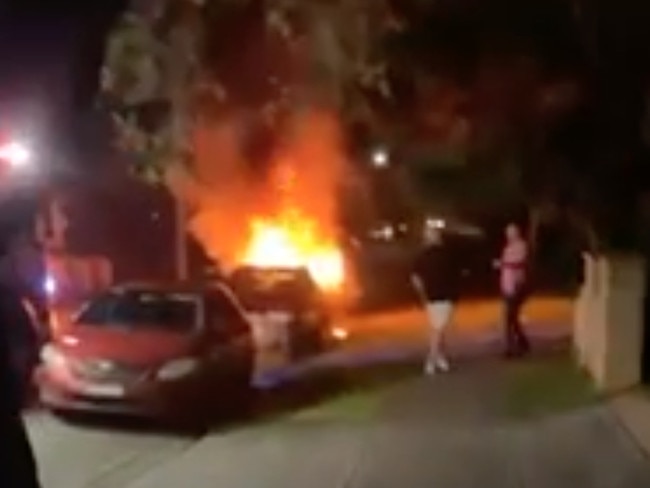 The car alight on Paten St, Revesby on Saturday night.