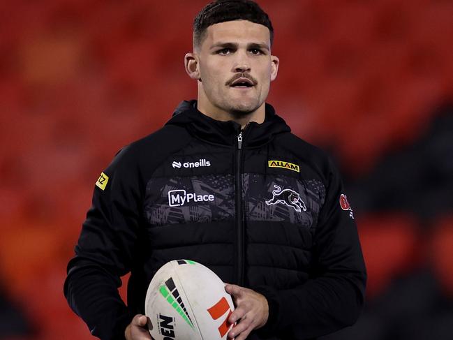 PENRITH, AUSTRALIA - SEPTEMBER 13: Nathan Cleary of the Panthers inspects the field ahead of the NRL Qualifying Final match between Penrith Panthers and Sydney Roosters at BlueBet Stadium on September 13, 2024 in Penrith, Australia. (Photo by Cameron Spencer/Getty Images)