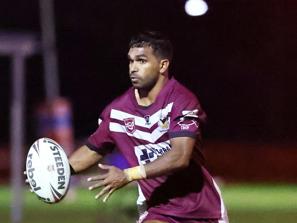 Yarrabah's Andrew Garrett looks to pass in the Far North Queensland Rugby League (FNQRL) Men's minor semi final match between the Innisfail Leprechauns and the Yarrabah Seahawks, held at Smithfield Sporting Complex. Picture: Brendan Radke