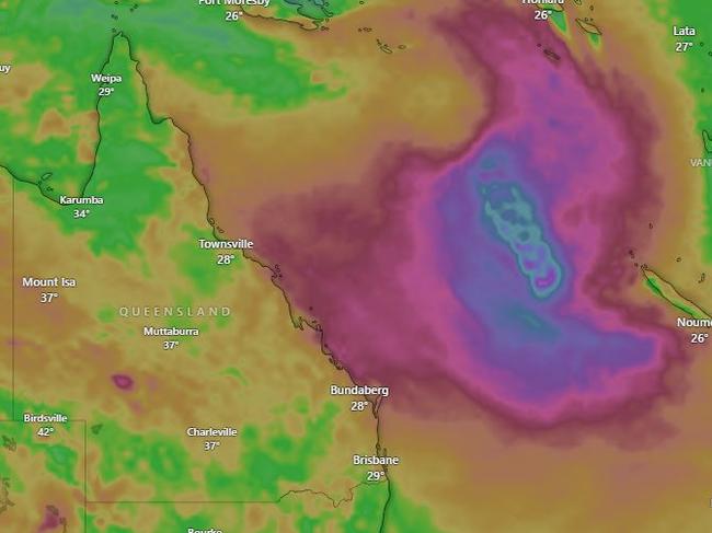 Accumulated wind gusts show the path of a potential tropical low that could develop into a cyclone off the Queensland coast. Picture: Windy