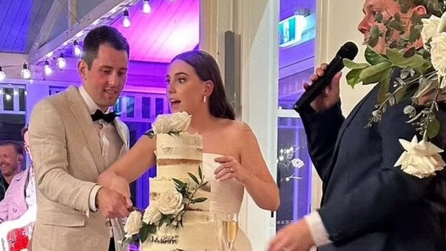 Local reporter Alex Tignani (right) stepped in to host the nuptials of local football stars Mitchell Gaffney and Madeleine Edsell on Sunday. Picture: Instagram