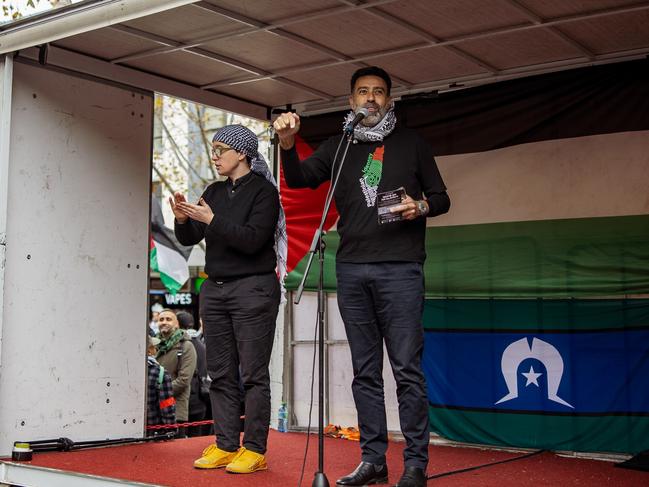 Nasser Mashni speaks at a pro-Palestine rally in Melbourne. Picture: Tamati Smith