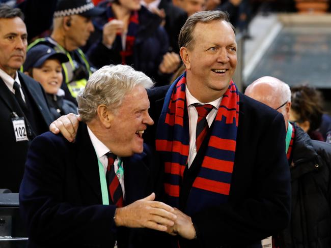 MELBOURNE, AUSTRALIA - SEPTEMBER 07: Geoff Freeman, Vice Chairman of the Demons (left) and Glen Bartlett, Chairman of the Demons celebrate after the clubs first finals win in 12 years during the 2018 AFL First Elimination Final match between the Melbourne Demons and the Geelong Cats at the Melbourne Cricket Ground on September 07, 2018 in Melbourne, Australia. (Photo by Adam Trafford/AFL Media/Getty Images)